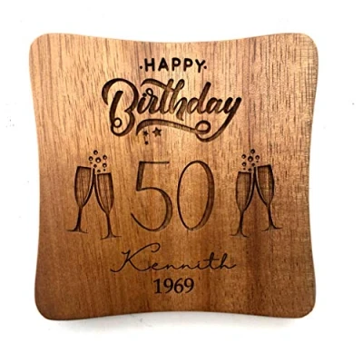 Image of ukgiftstoreonline Personalised Happy Birthday Wood Coaster Gift 80th, 70th, 60th, 50th, 40th, 30th, 21st, 18th