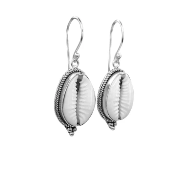 Image of Sterling Silver Balinese Rope Framed Cowrie Shell Boho Drop Earrings