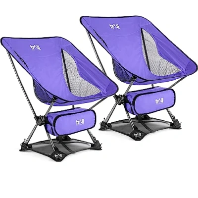 Image of Trail Hawk Lightweight Camping Chair Portable Compact Ultralight Folding Seat with Ground Mat and Bag (Purple 2x Chairs)