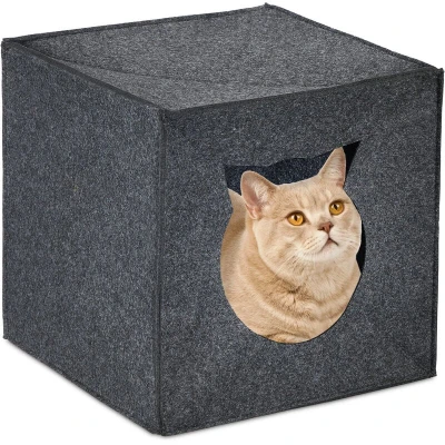 Image of Relaxdays Pet Cave Felt, Cat Box for Shelf, Square, HWD: 33 x cm, Foldable, Kitties &amp; Small Dogs, Anthracite, cm