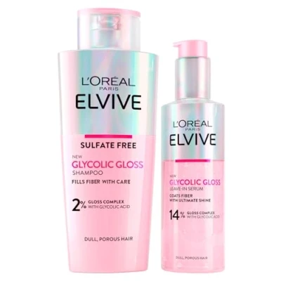 Image of L&#039;Oréal Paris Elvive Glycolic Gloss Acid Shampoo 200ml + Leave In Serum for Porous and Dull Hair Intense Long Lasting Shine 150ml 2 Bottles