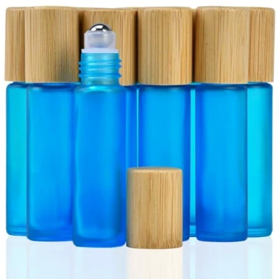 Image of Essential Oil Roller Bottles, 10pcs Frosted Oils 10ml Refillable Empty Glass Bottles with Stainless Steel Balls and Bamboo Lid (Blue)