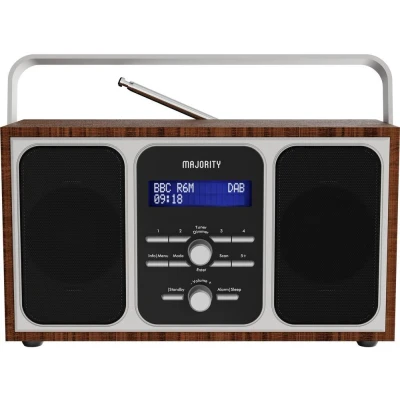 Image of Majority Girton Radio, DAB, DAB+ Digital and FM, Portable, Battery Mains Powered, Dual Alarm, 20 Preset Stations, 3.5mm Headphone Jack, Sleep Timer, Snooze, LCD Display Walnut