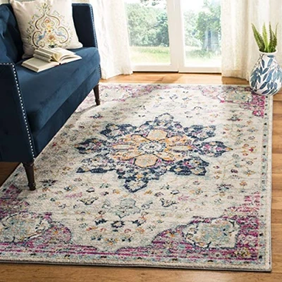 Image of SAFAVIEH Modern Chic Rug for Living Room, Dining Bedroom Madison Collection, Short Pile, in Ivory and Fuchsia, 122 X 183 cm