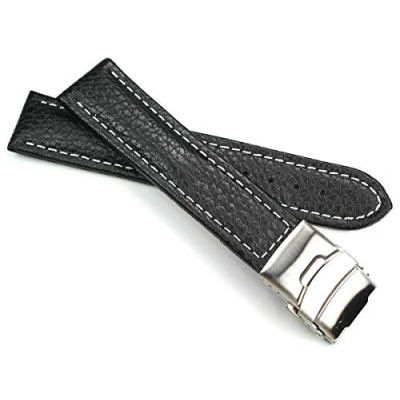 Image of Sulla 22 mm Genuine Leather Watch Strap with Stainless Steel Folding Clasp Black White Stitching, black, mm, Strap.