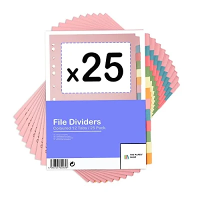 Image of [25 Pack] A4 File Dividers 12 Part Subject Card Folder Multi Hole Punched in Assorted Colours Fit All Portrait (25)
