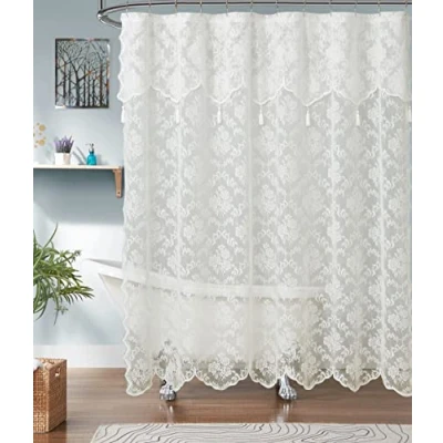 Image of ASATEX Ivory Lace Shower Curtain. 72 x 84 Inches Classic Floral Design Bath Curtain with Attached Valance and Tassels. Affordable Curtains Make Any Bathroom Look Upscale. MIS
