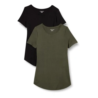 Image of Amazon Essentials Women&#039;s Short Sleeve Scoopneck Tunic, Pack of 2, Black/Olive, XXL