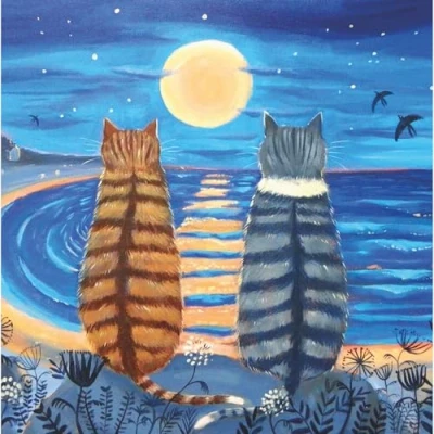 Image of Noel Tatt Artistic Blank Greetings Card &#039;Moon Cats&#039; From The Showcase Range For Him/For Her Suitable Birthdays And Other Occasions