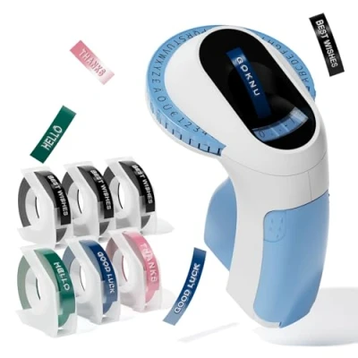 Image of Label Maker Machine,3D Embossing Handheld, E975 Embossed fit for 3/8&quot; (9mm) Tape, Easy to Use Printer,Manual Retro Labelling Machine Home and Kitchen Blue