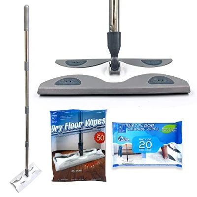 Image of Floor Wipes Mop Starter Kit Static Swivel for Kitchen Floors Laminate, Wooden, Tiled, Vinyl Flooring Household Wet &amp; Dry Mops Includes Mop, and 1 Pack Each of