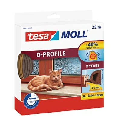 Image of tesa UK 05389 00001 00 tesamoll D Profile Seal Self Adhesive Rubber Draught Excluder for Insulating Gaps in Windows and Doors Brown 25 m x 9 mm