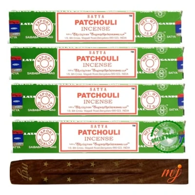 Image of Original Satya Nag Champa Patchouli incense sticks with M&amp;J holder x4 pack for Aromatherapy, Spa, Yoga, Weddings, Meditation, Healing, Positivity and Relaxation