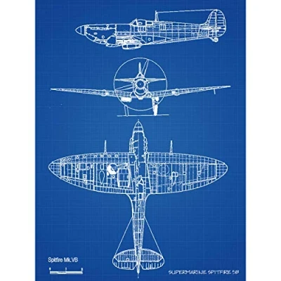 Image of Artery8 Supermarine Spitfire 5b Fighter Plane Blueprint Plan Large XL Wall Art Canvas Print