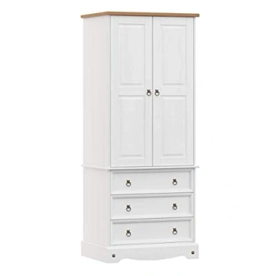 Image of Home Source Corona Solid Pine Wood 2 Door 3 Drawer Closet Wardrobe, White
