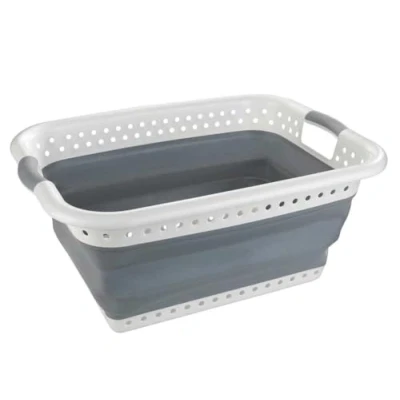 Image of Maximex Laundry Basket Foldable White / Grey Hamper Capacity 38 L Polypropylene 61 x 26 45 cm