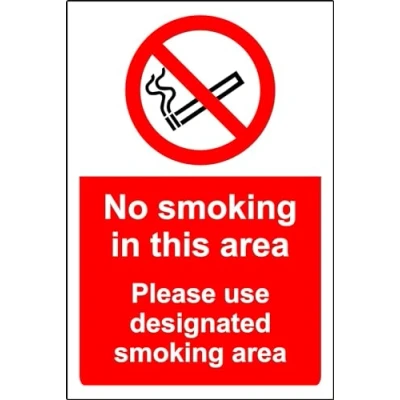 Image of No Smoking in This Area. Please use Designated Area Sign 1.2mm Rigid Plastic 300mm x 200mm Case (Pack of 5)