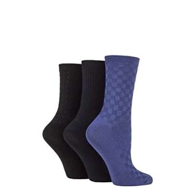 Image of Women&#039;s 3 Pair SOCKSHOP Patterned Plain and Striped Bamboo Socks Black / Navy Denim Textured 4 8 Ladies