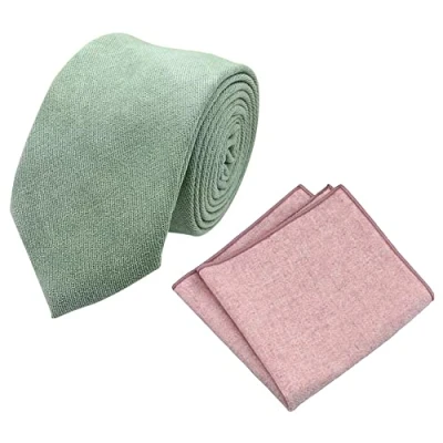 Image of DB Dickie Bow Men&#039;s Luxury Cotton Blend Skinny Neck Tie &amp; Pocket Square Set (Sage Green Dusty Pink) suitable for formalwear, office, weddings, parties, grooms groomsmen outfits