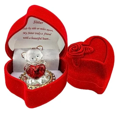 Image of Glass bear in Red Rose Box for a Special Sister Gift Birthday, Christmas, Any Occasion Present