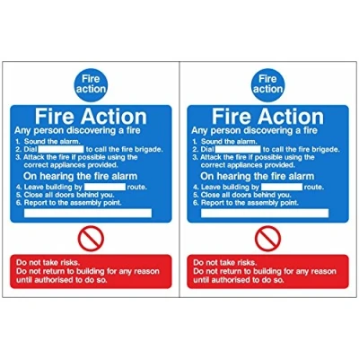 Image of Pack of 2 Fire Action Signs 150mm x 200mm Self Adhesive (ACT.09W SA PACKOF2)