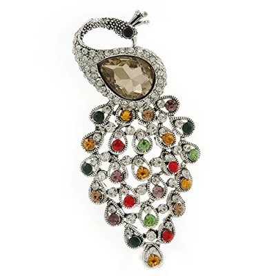Image of Avalaya Vintage Inspired Multicoloured Diamante &#039;Peacock&#039; Brooch in Silver Tone 63mm Length
