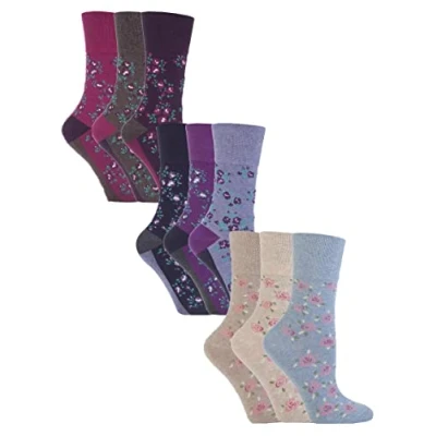 Image of Gentle Grip 9 Pair Multipack Ladies Cotton Crew Non Elastic Socks Womens Soft Top Striped Patterned Binding (4 8, Floral 2)