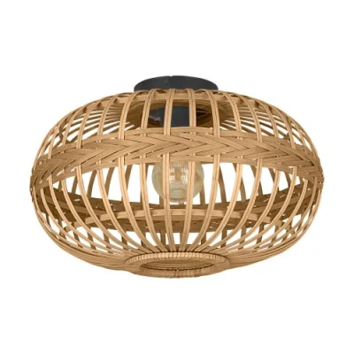 Image of EGLO Ceiling light fitting Amsfield, flush mount lamp in vintage, nature, boho, nordic design, living room lighting made of black steel and natural coloured wood, E27 socket, Ø 18&quot;