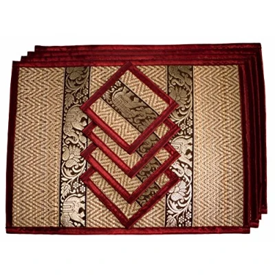 Image of Hand Woven Wicker Reed Placemats and Coaster Set Alternative to Plastic Heat Resistant Thai Style Durable Clean Perfect for Dining Table Décor of 4 (Medium Burgundy)