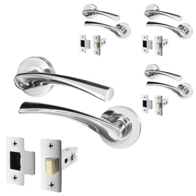 Image of EAI Chrome Door Handle Latch Set Pack of 4 Round Internal Handles &amp; (64mm) Polished Lever on Rose Novoli Range