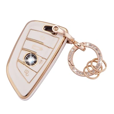 Image of Koaudb Car Key Full Cover for BMW Soft TPU Protection Smart Case Shell White with Keychain Fit X1 X2 X3 X5 X6 2 5 6 7 Series 3 4 Buttons Fob (R BM 4D W)