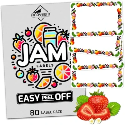 Image of Jam Labels for Jars Easy Peel Off 80 Jar Labels, (67 x 45mm) Waterproof Pot with Write Surface Jams &amp; Preserves Self Adhesive by Innoveem