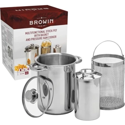 Image of BROWIN Stainless Steel Kit : 4L Pasta/Asparagus Pot + 1.5kg Ham Cooker 313515 Press for Making Healthy Homemade Meats Steamer with Basket and Lid