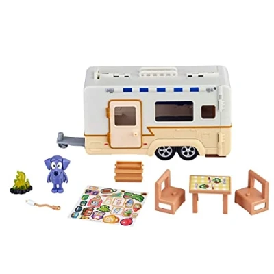 Image of Bluey Caravan Adventure Playset Flip and Fold Out Feature Kitchen Camp Beds including 2.5 Inch Jean Luc Articulated Action Figure Fire Accessories