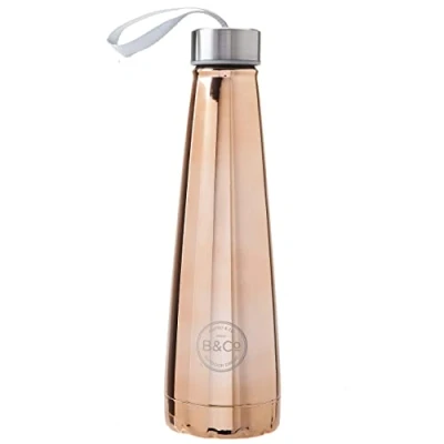 Image of VFM Rose Gold Conical Thermal Flask 450ml Shiny Stainless Steel Travel Bottle with Twist Cap Lid for Hot &amp; Cold Drinks Outdoor Dining Collection
