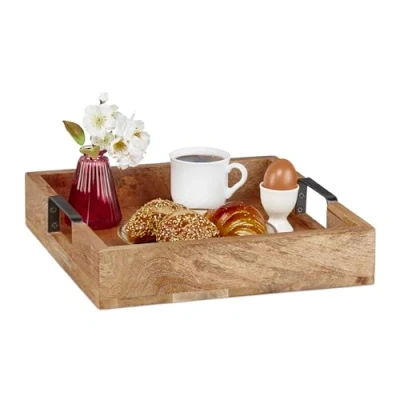 Image of Relaxdays Serving, Mango Wood, Square, HxWxD: 7.5 x 35 cm, Holder with Handles, Decorative Tray, Natural