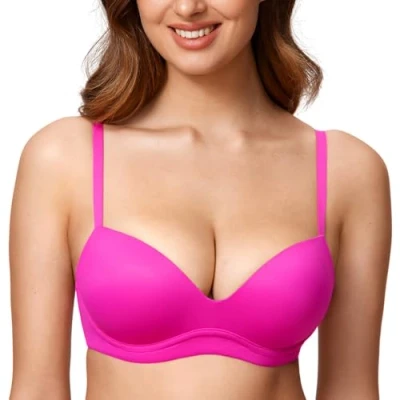 Image of DOBREVA Women&#039;s Push Up Bra Plunge Wireless Comfortable T Shirt Padded Bras Glitter Pink 32B