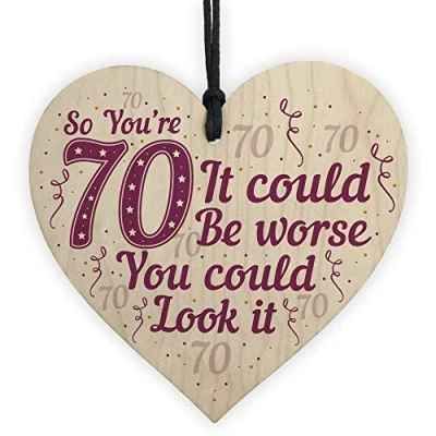 Image of RED OCEAN FUNNY 70th Birthday Card Gift For Mum Dad Nan Grandad Wooden Heart Keepsake