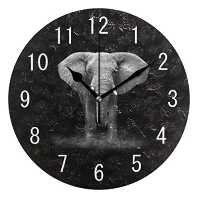 Image of Domoko Home Decor Hipster Indian Elephant Black Round Acrylic Wall Clock Non Ticking Silent Art for Living Room Kitchen Bedroom