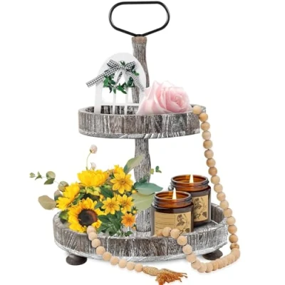 Image of Fall Food Tray 2 Tier Wood Cake Display Stand Decor Farmhouse Fruit Serving Dessert with Metal Handle Detachable Afternoon Tea Cupcake Holder for Wedding Birthday Thanksgiving(Brown)