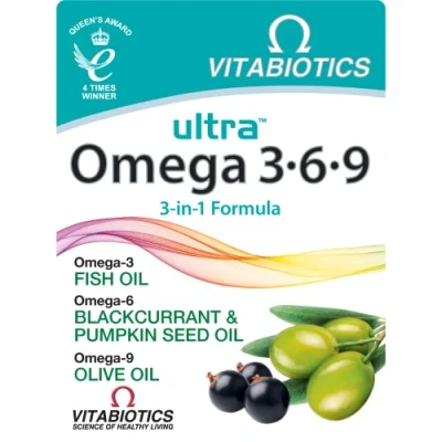 Image of Vitabiotics Ultra Omega 3 6 9 Nutritional Supplements Capsules from Fish Oil Olive Pumpkin Seed and Blackcurrant