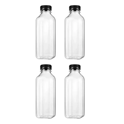 Image of (4 pcs) 500ml Plastic Pet Empty Storage Containers, Drinking Bottles with Lid, Black Screw Caps, for Juice
