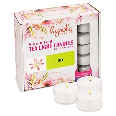 Image of Hyoola Scented Tealight Candles Clear Cup Lily Tealights 6 Hour Burn Time 15 Pack European Made