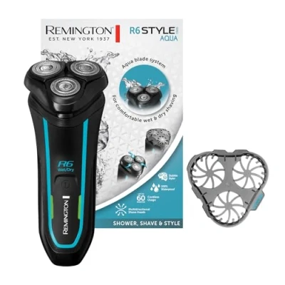 Image of Remington R6 Aqua Men&#039;s Electric Razor Wet &amp; Dry Shaver, 100% Waterproof, Fold Out Detail Long Hair Trimmer, 60 Min Lithium Battery, USB Charging Function Rotary Shaver R6000