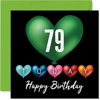 Image of Fun 79th Birthday Cards for Men Woman Heart Balloons Happy Card Dad Mum Great Grandad Grandpa Nanny Grandma Gran Uncle Auntie, 145mm x Greeting