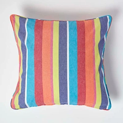 Image of HOMESCAPES 100% Cotton Multi Stripes Large Cushion Cover 60 x cm Square 24 Inches Orange Yellow Blue Sofa Pillow Washable