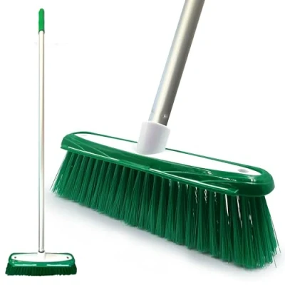 Image of Colour Coded Soft Broom Indoor Sweeping with Stainless Steel Handle and Built In Scraper, Brush Long for Domestic Commercial Use (Green)