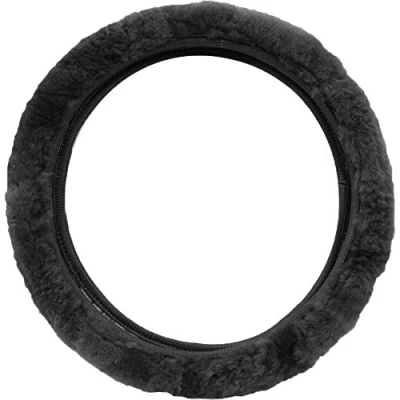 Image of Lambland Luxury Sheepskin Steering Wheel Cover Elasticated Universal Fitment (Black)