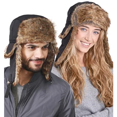 Image of Tough Headwear Winter Trapper Hat for Men &amp; Women with Ear Flaps, Ushanka Hat, Mens Bomber Hats, Russian Black