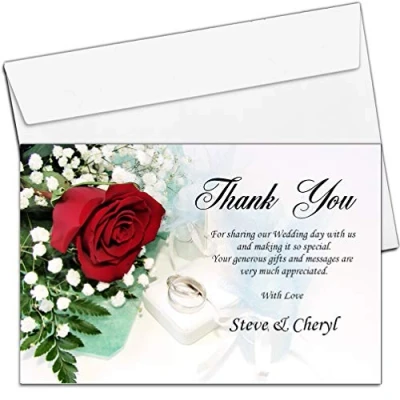 Image of 10 Personalised Red Rose Flower Wedding Day Thank You Cards N120